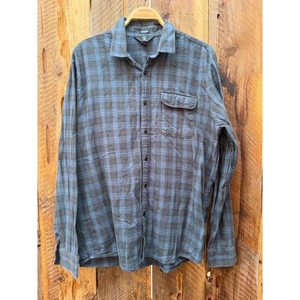 Volcom Mens XL Flannel Shirt Blue Black Plaid Modern Fit Skate Grunge Workwear